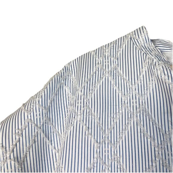 THML Striped Texture V‎ Neck Mini Dress Sz L Cotton Pockets Blue White Beach - Picture 6 of 12